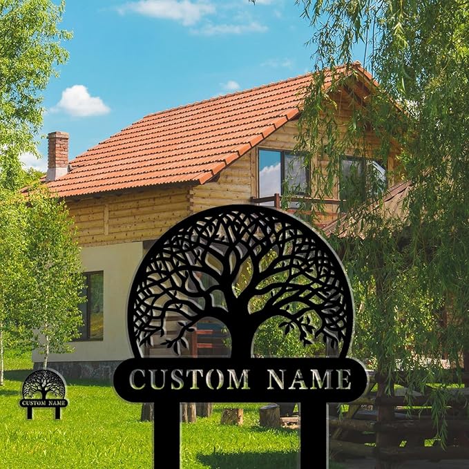 Custom Family Name Metal Garden Plaque,Personalized Tree Pattern Yard Marker,Weatherproof Outdoor Lawn Sign with Custom Name,Housewarming Garden Gift