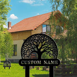 Custom Family Name Metal Garden Plaque,Personalized Tree Pattern Yard Marker,Weatherproof Outdoor Lawn Sign with Custom Name,Housewarming Garden Gift