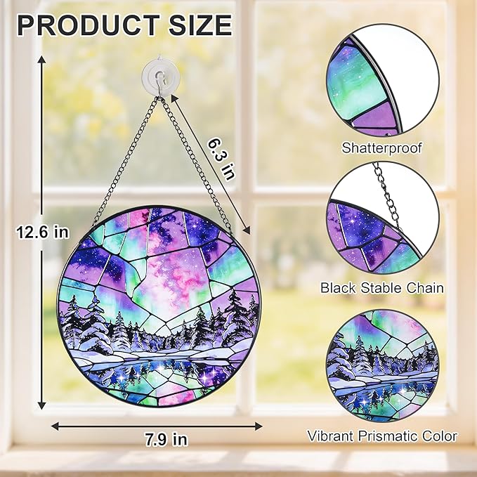 Stained Glass Window Hanging Suncatchers with Aurora Borealis 12.6", Winter Landscape Glass Panel with Metal Chain for Home Decor Gift for Women Mother's Day, Birthday, Men, and Mom