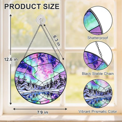 Stained Glass Window Hanging Suncatchers with Aurora Borealis 12.6", Winter Landscape Glass Panel with Metal Chain for Home Decor Gift for Women Mother's Day, Birthday, Men, and Mom