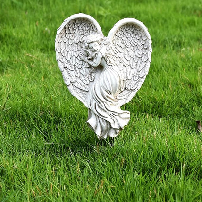 Angel Garden Statue for Outdoor Sleeping Angel with Wings Fairy Memorial Guardian Love Angels with Stake for Outside Yard Art Grave Cemetery Patio Balcony Lawn, White