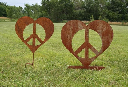 Peace and Heart Staked Signs or Wall Art Rustic or Powder Coated Finishes (Peace Heart Medium Stake 25", Naturally Rusted)