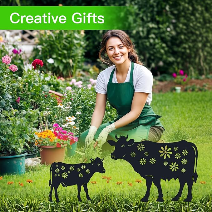 Cow Metal Stakes Garden Decor,Gifts for Women/Men/Cow Lovers,Black Silhouette Statues Outdside Decoration for Summer Garden Decor,Patio,Lawn,Backyard,Pathway,Forests,Walkway