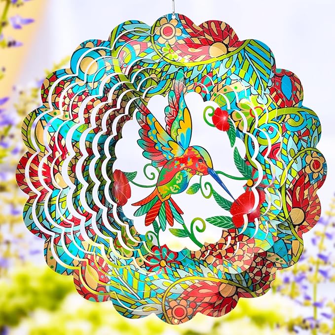 FONMY Wind Spinner Hummingbird 12 inch 3D Stainless Steel Wind Sculpture Worth Gift Christmas Decor. Laser Cut Metal Art Geometric Pattern - Hanging Mandala Wind Spinners, Kinetic Yard Art Decorations