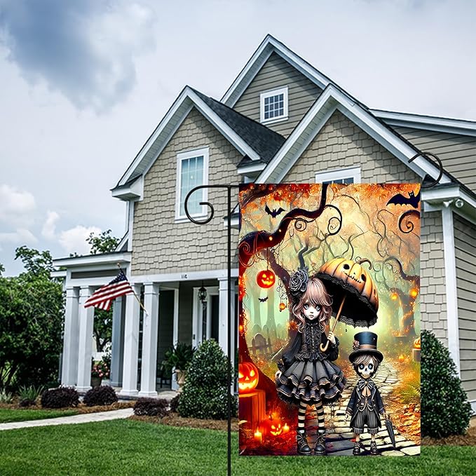BlissYard Halloween Horror Garden Flag 12x18 Inch Gothic Doll Pumpkin Umbrella Skull Boy Flag Outdoor Yard Decoration House Banner Porch Lawn Patio Home Decor