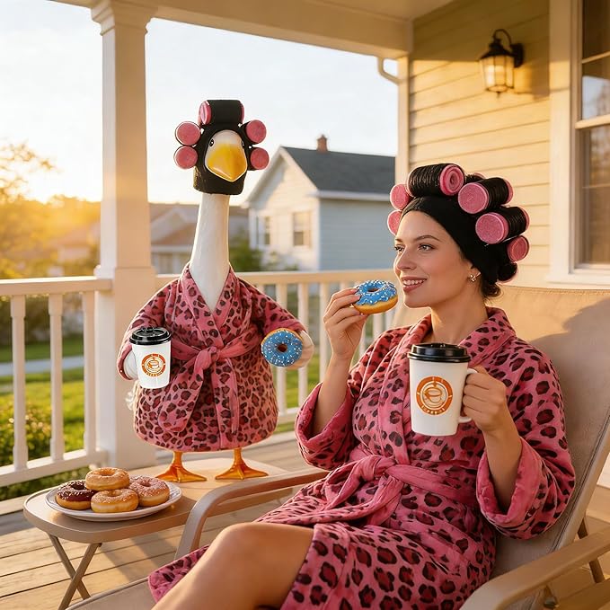 Lady Porch Goose Outfits, Spring Summer Goose Clothes Costume with Pink Leopard Bathrobe for 23/28" Lawn Cement Geese for Garden