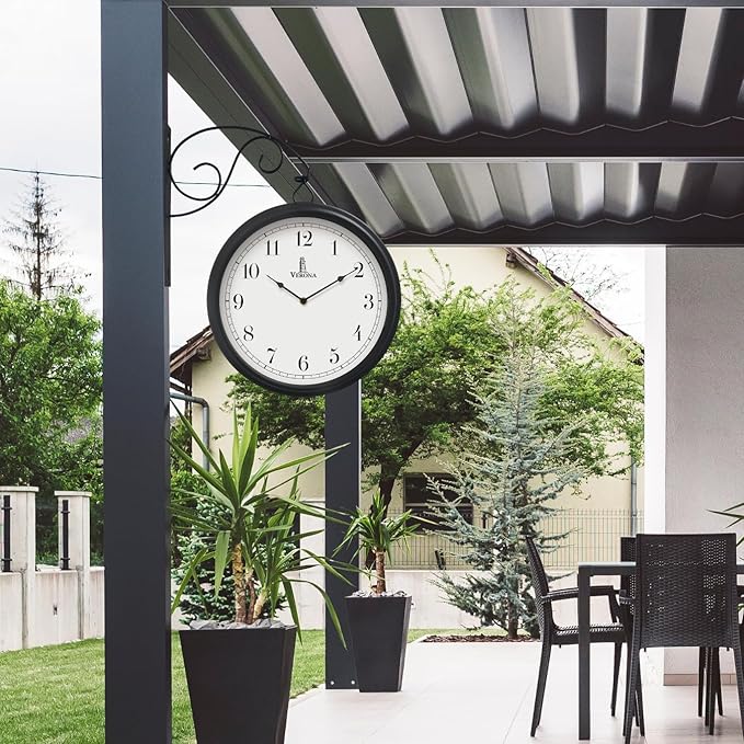 Large Metal Double Sided Wall Clock 13.4" - Decorative Indoor Outdoor Double Sided Clock - Easy to Read, Hanging Train Station Style for Patio, Garden, Office - Antique Style Outside Corner Wall Decor