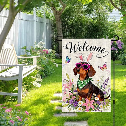 IVN Spring Dachshund Garden Flag 12x18 Welcome Dog Bunny Ears Heart Sunglasses Floral Wildflowers Spring Butterflies Watercolor Double Sided Burlap Yard House Flag Seasonal Outdoor Decoration for Outside Home Front Door Lawn Porch Patio Welcome Summer ...
