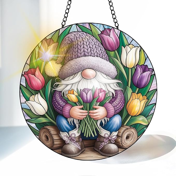 VAIIEYO Gnome Sun Catcher Stained Glass Window Hanging Ornament, Handmade Sun Catcher Spring Tulips Decoration with Hooks for Window Garden Home, Mother's Day & Birthday Housewarming Gift (7.8 inch)