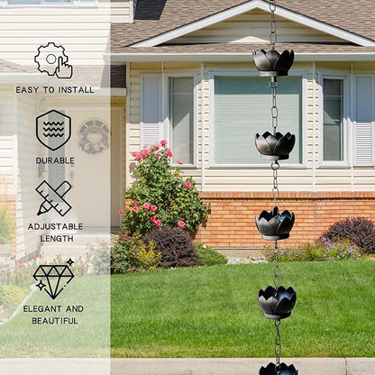 Topadorn Lotus Rain Chain for Gutters, Functional and Decorative Replacement for Gutter Downspouts, Adjustable Rain Catcher Chain with 8 Cup for Eaves Drainage, Black