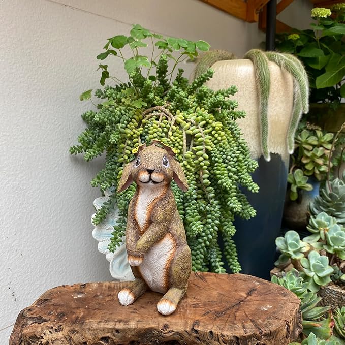 Bunny Outdoor Statues, Resin Rabbit Yard Statue Home Garden Decoration Adorable Bunny Statues Wearing Flower Crown, Outdoor Bunny Statue Lucky Rabbit Mom Gifts