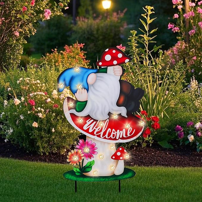 WONDER GARDEN Decorative Garden Stakes - Lighted Mushroom and Gnome Yard Sign Stakes with Flower, Spring Signs for Outdoor, Porch, Yard,Flower Bed Decor