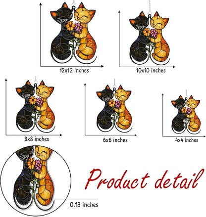 Cat Couple with Flower Acrylic Suncatcher, Flower Suncatchers for Window Hangings, Stained Glass Effect Garden Decor, Gift for Mother's Day, Mom, Grandma, Wife, Women