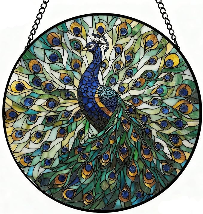 Peacock Decor Suncatcher Stained Glass Window Hanging - 8 Inch Colorful Suncatchers for Windows Hanging - Handmade Sun Catchers Glass Panel with Hook and Chain - Birthday Gifts for Women Mom Friends