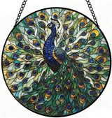 Peacock Decor Suncatcher Stained Glass Window Hanging - 8 Inch Colorful Suncatchers for Windows Hanging - Handmade Sun Catchers Glass Panel with Hook and Chain - Birthday Gifts for Women Mom Friends