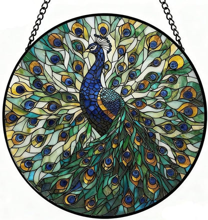 Peacock Decor Suncatcher Stained Glass Window Hanging - 8 Inch Colorful Suncatchers for Windows Hanging - Handmade Sun Catchers Glass Panel with Hook and Chain - Birthday Gifts for Women Mom Friends