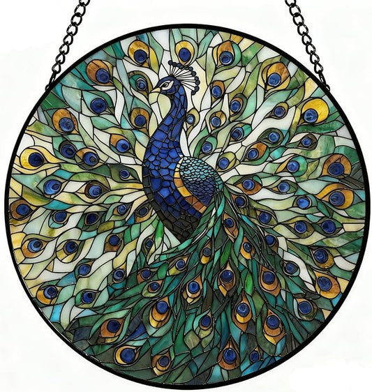 Peacock Decor Suncatcher Stained Glass Window Hanging - 8 Inch Colorful Suncatchers for Windows Hanging - Handmade Sun Catchers Glass Panel with Hook and Chain - Birthday Gifts for Women Mom Friends