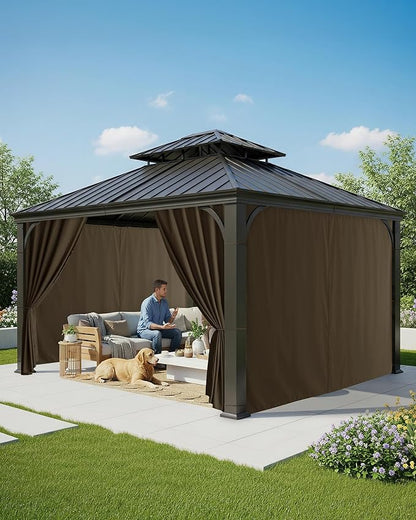 Outdoor Curtains Patio Waterproof - 10'Wx10'Lx7.9'H Windproof Gazebo Universal Replacement Privacy Curtains, 4 Panels Outside Sidewall Drapes with Zipper for Pergola Garden Backyard, Brown