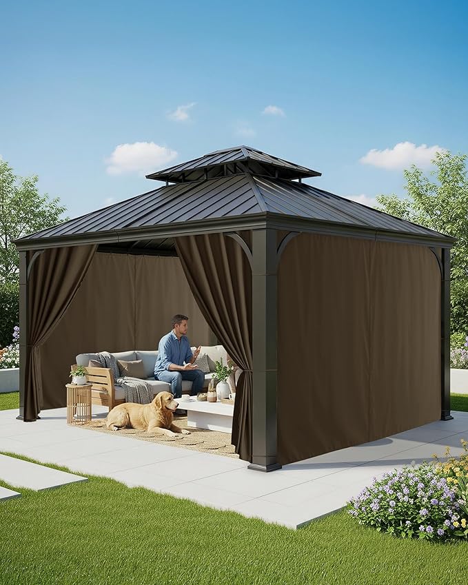 Gazebo Curtains Outdoor Waterproof - 12'Wx12'Lx7.9'H Windproof Patio Pergola Outside Sidewall Drapes with Zipper, 4 Panels Gazebo Universal Replacement Privacy Curtains, Brown