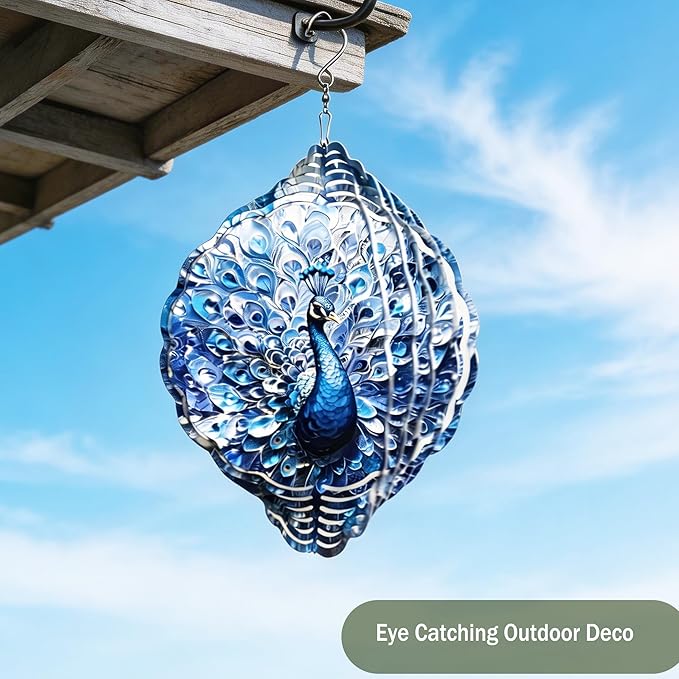 Wind Spinners Blue Peacock Feather Art 9.8 x 9.8 Inch Metal Wind Spinner Outdoor Garden Decor Elegant Bird Illustration Decorative Wind Spinners for Yard Patio