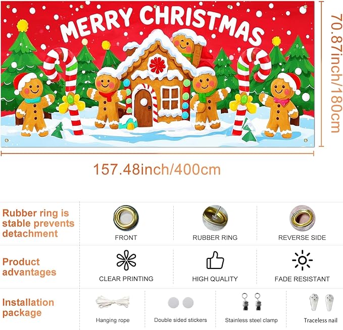 IVN Christmas Garage door banner Gingerbread House Candy Cane Characters Snowy Trees Door Cover Indoor And Outdoor Studio Background Hanging Decoration 13x6ft