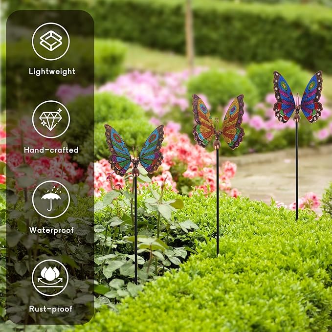 3 Pcs Butterfly Garden Stakes, 29" H Decorative Garden Stakes, Metal Yard Art for Outdoor Spring Lawn Patio Pathway Decor