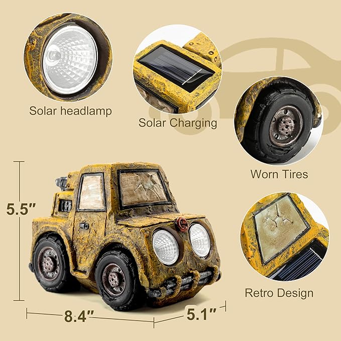 Etlemonde Garden Statue Outdoor Solar Car Decor with LED Light Vintage Resin Sculpture Truck Rustic Decoration for Lawn Patio Yard Gifts for Women