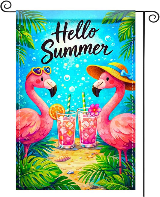 Nuxovilar Summer Garden Flag Hello Summer Flamingo Drink Tropical Pattern Polyester 12x18 Inches Garden Flags for Outside Seasonal Decor Yard Porch Lawn