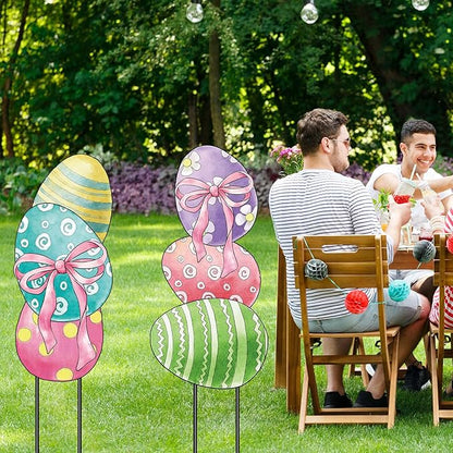 AnyDesign Easter Garden Stakes Welcome Metal Yard Sign Easter Decorations Outdoor Stacked Egg with Bow Decorative Lawn Sign for Spring Farmhouse Home Outside Lawn Porch Walkway Decor, 2 Sets