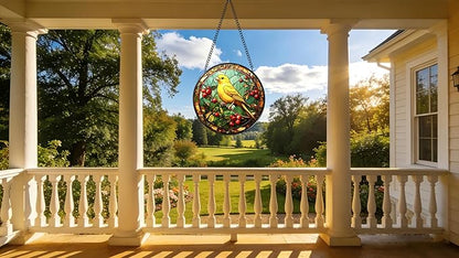 Funoasis Stained Glass Window Hanging 6.3 Inches Suncatcher - A Canary Inhabits Between Branches and Leaves with Red Fruits Ornaments Sun Catcher Home Decor Women Birthday