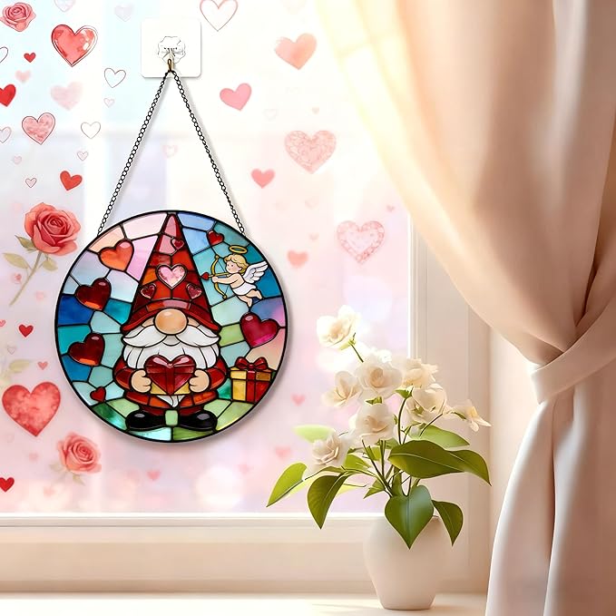 Funoasis Valentine's Day Gnome Stained Glass 6.3 Inches Suncatcher - Cupid & Red Heart Ornament Window Hanging Decor for Sweetheart Present