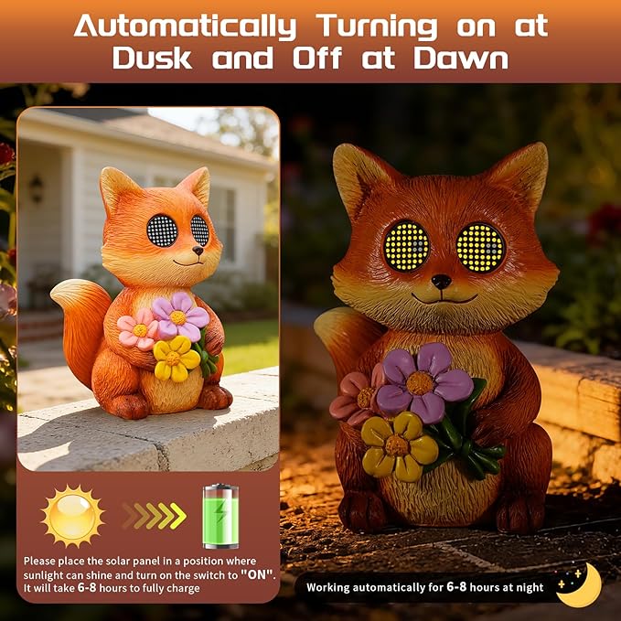Garden Statues Fox with Solar Moving LED Eyes Outdoor Animal Figurines Decorations for Patio Yard Lawn Ornaments Gifts for Birthday Easter Housewarming (Fox)