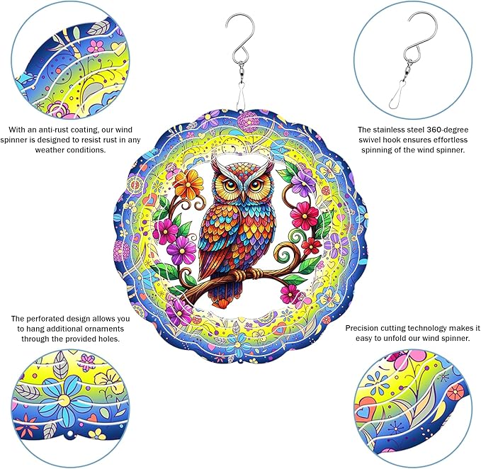 Owl Wind Spinner, 3D Hanging Stainless Steel Garden Spinner, Wind Spinner Hanging for Outdoor & Indoor Décor, Unique Gifts for Yard Garden Decoration or Patio Décor (Owl)