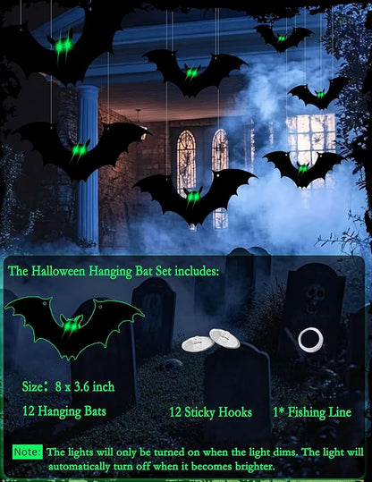 Hanging Bats Halloween Decorations, 12Pcs Halloween Bats with Night Auto-On/Off, Scary Green LED Eyes 3D Bat Wall Decor, Light Up Bat 3 Modes, Outdoor and Indoor Tree Yard Party Decor