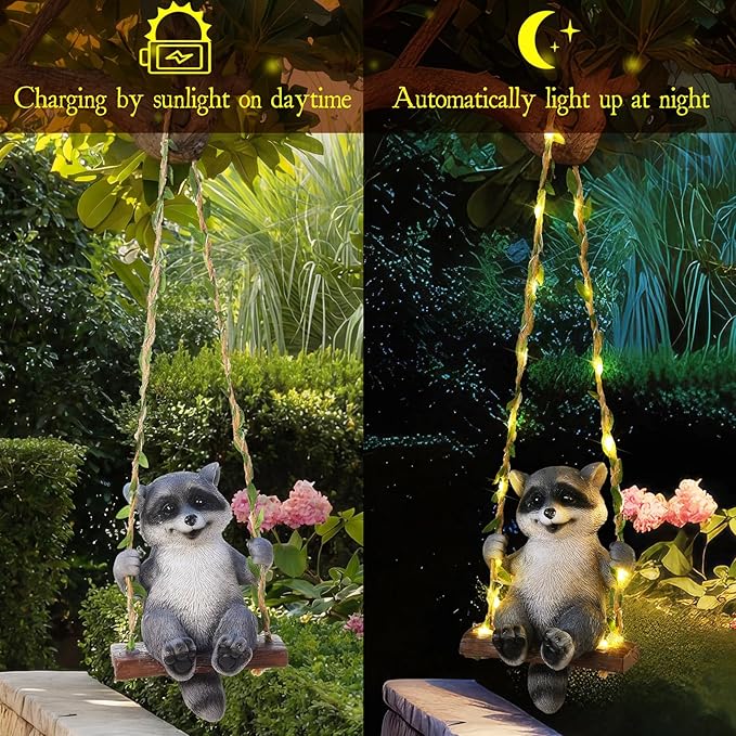 Thyle Solar Light Outdoor Raccoon Statues 19" H Hanging Raccoon on Swing with LED Light Resin Waterproof Hanging Animal Figurine with Hook for Yard Garden Wall Decoration Gift