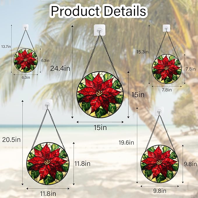 Stained Glass Window Hanging - Poinsettia Suncatcher for Door Garden Home Decor Birth Flower Sun Catcher Birthday Mother's Day for Lovers Friend Women Mom Nana 15 in