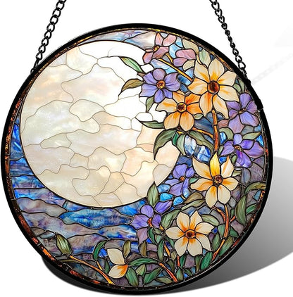 Stained Glass Window Hanging - White Purple Moon Flowers Suncatcher for Door Terrace Garden Home Decor Landscape Sun Catcher Birthday Gifts for Lovers Women Men Dad Mom Nana 6.3 in