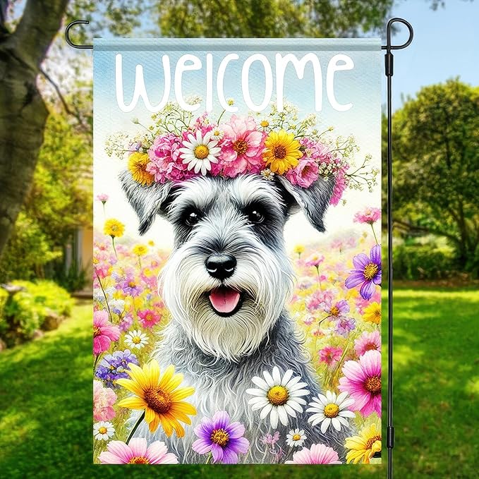 BlissYard Welcome Spring Summer Garden Flag 12 X18 Inch Double Sided FlowersDog Schnauzer Decorative Garden Flag Puppy Floral Seasonal Home Decor Banner for Oursid Outdoor Spring Garden Decor