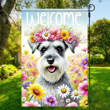 BlissYard Welcome Spring Summer Garden Flag 12 X18 Inch Double Sided FlowersDog Schnauzer Decorative Garden Flag Puppy Floral Seasonal Home Decor Banner for Oursid Outdoor Spring Garden Decor