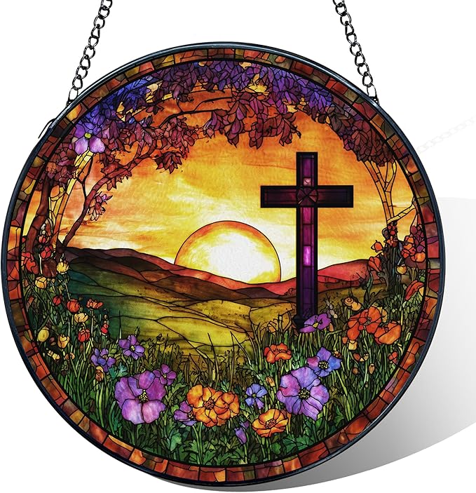 Cross Stained Glass Window Hanging, Christian Cross Wildflower Sunshine Landscape Suncatcher, Easter Sun Catchers Indoor Window Round Glass Wall Art Hanging Decorations, 7.9x7.9in