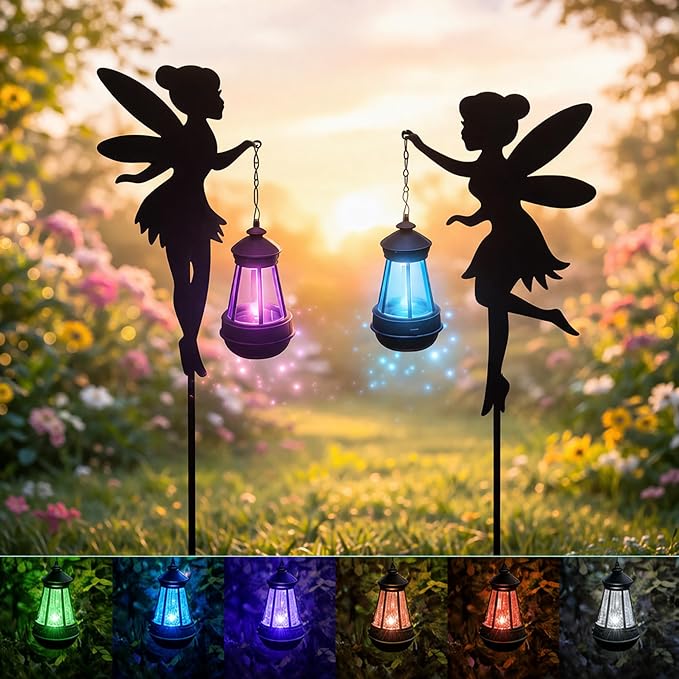 Solar Fairy Garden Decorations Solar Lighting 1 Pair – Outdoor Color-Changing Fairy Statues with Metal Stakes, Garden Ornaments for Lawn, Yard, Patio Decor (Type B Color-Shifting)