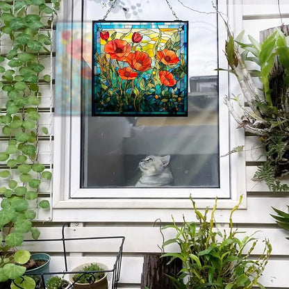Poppy Hanging Stained Glass Suncatcher for Windows, 20cm/7.87inch Window Suncatcher Hanging Ornaments Wall Art,Hand-Painted Glass Panel Home Decor for Mom Grandma