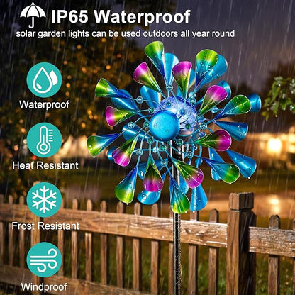 Solar Wind Spinner Outdoor Metal - Peacock Kinetic Garden Sculptures with Color-Changing LED Lights, Waterproof Wind Catchers Yard Art Decor for Patio Lawn, for Women (Green)
