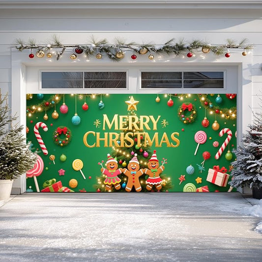 IVN Green Candy Christmas Garage Door Banner 6x13 ft Holiday Backdrop with Gingerbread Ornaments Garage Door Covers Decorative Garage Door Cover Mural for Outdoor Wall Decor