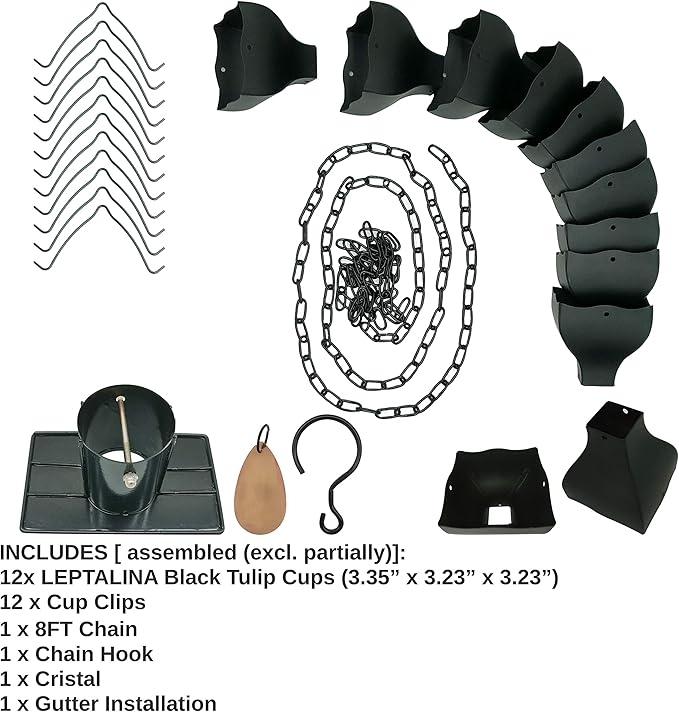 8.5FT Black Tulip Iron Rain Chains for Gutter and Rain Barrel, Replacement for Downspout, Rust-Resistant Plated Garden Décor Rain Chain, Bonus Rain Chain Gutter Adapter, Earrings for House