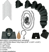 8.5FT Black Tulip Iron Rain Chains for Gutter and Rain Barrel, Replacement for Downspout, Rust-Resistant Plated Garden Décor Rain Chain, Bonus Rain Chain Gutter Adapter, Earrings for House