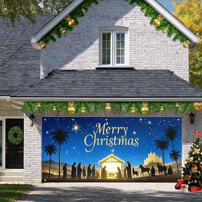 HOMETITUTE Christmas Garage Door Banner 13x6ft Nativity Scene Theme Backdrop Holiday Seasonal Decor Winter Door Cover Banners for Outside Garage Wall Covering for Party Garage Decorations