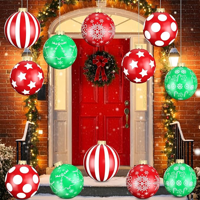 Flasoo 12 Pack Large Christmas Balls, 9 Inch Inflatable Christmas Ornaments for Outdoor Decoration, Big Christmas Ornaments Balls for Front Door Yard Tree Hanging Decoration
