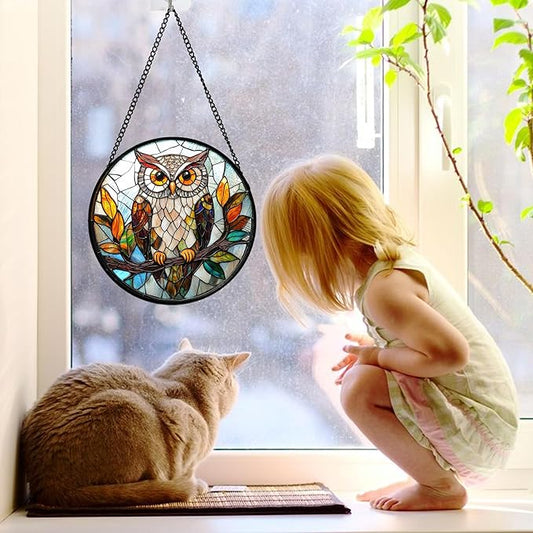 DASTOLL Stained Glass Window Hanging, Owl Colorful Leaves Birds Sun Catchers Diamond Glass Panel Hangings Suncatcher Decor for Birthday for Women, Men, Wife, Aunt, and Mom 7.8 in