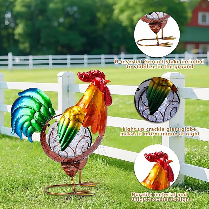 MUMTOP Rooster Solar Lights Outdoor Garden Decor, Rooster Solar Light Outdoor Waterproof with Crackle Glass Globe Gardening Statue Gifts and Metal Chicken Yard Art for Lawn Porch Patio Outside Garden